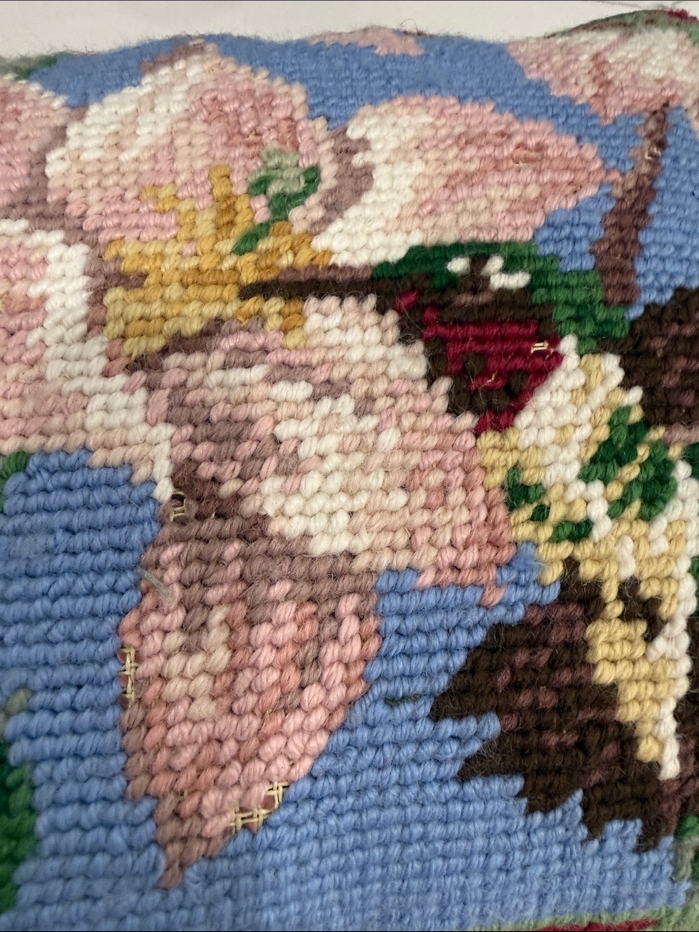 7x7 Small Needlepoint Throw Pillow Hummingbird and Flower & Green Velvet Back - Picture 4 of 5